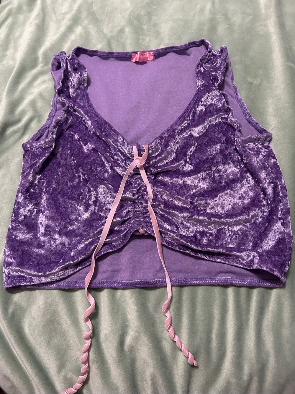 Sugar Thrillz Purple Velvet Tie-Front Crop Top with Pink Ties